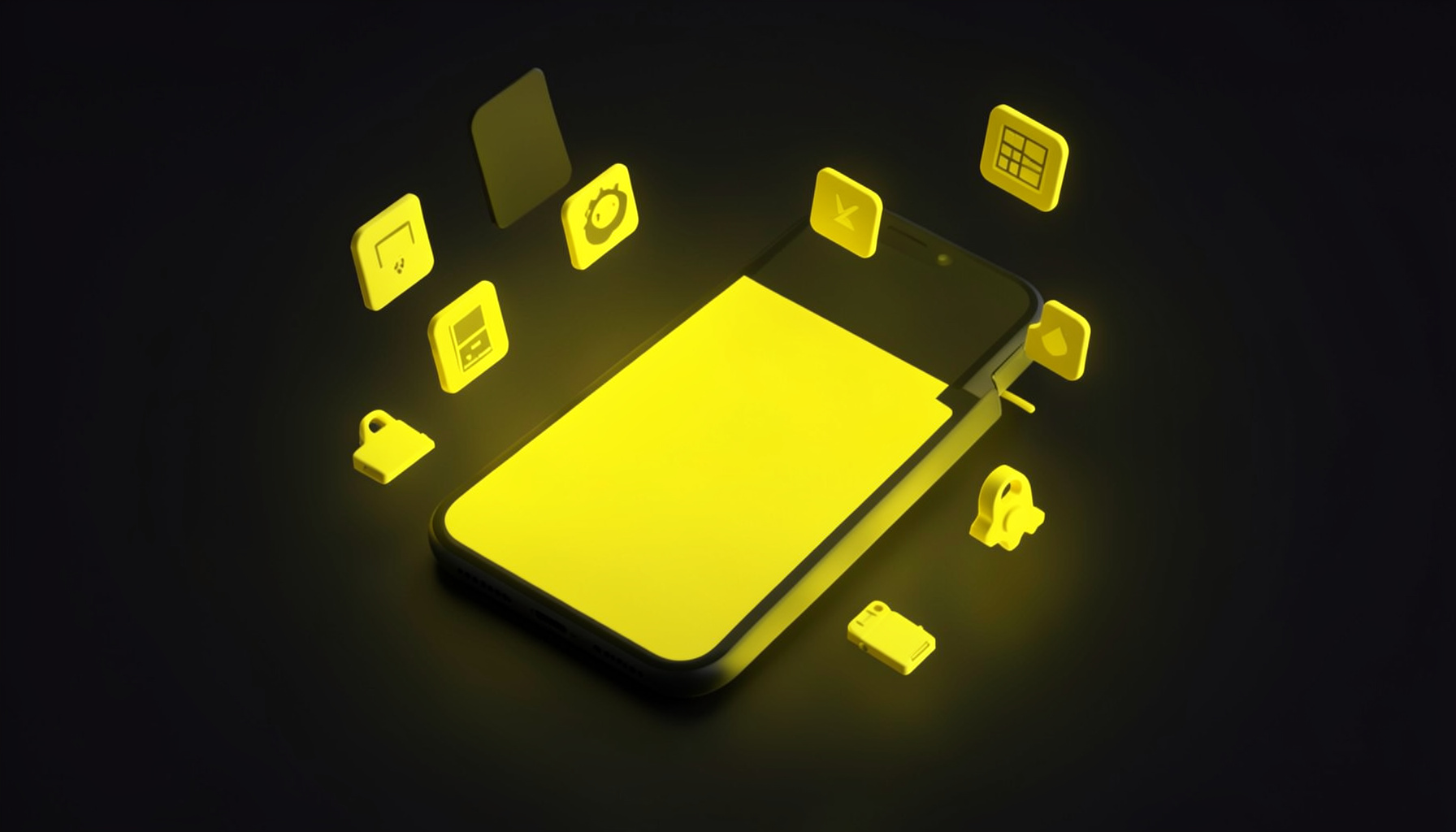 Isometric 3D render of a smartphone surrounded by floating app icons and gadget silhouettes against a dark background with yellow accent lighting