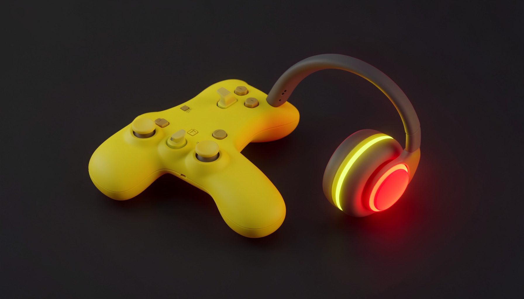 Isometric 3D render of a game controller and headset on a dark surface with red and yellow neon glow