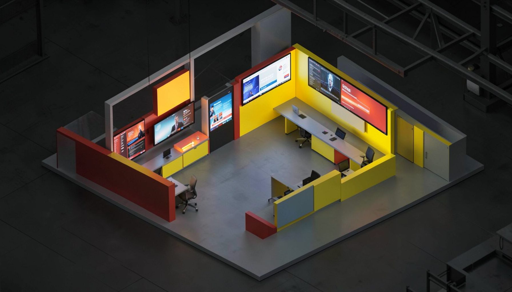 Isometric 3D render of a modern digital newsroom with glowing screens, bold red and yellow accent panels, and a dark industrial backdrop