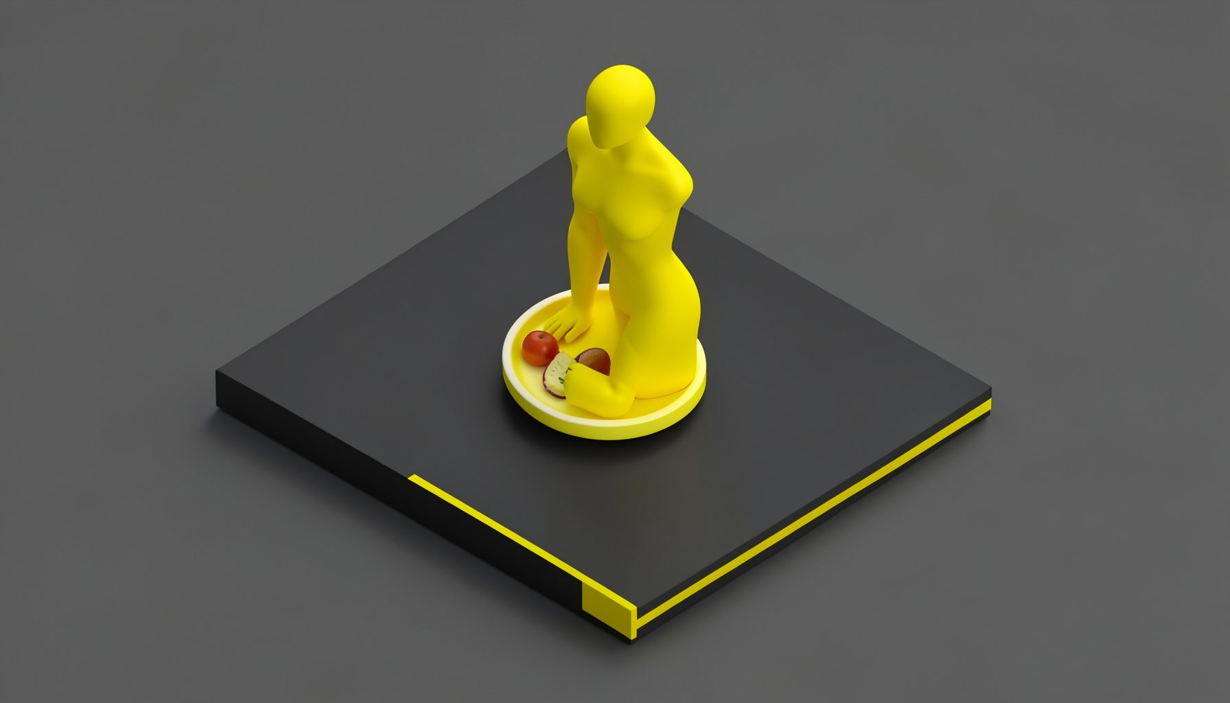 Isometric 3D render of a fashion mannequin and food plate on minimalist dark platforms with yellow accent edges