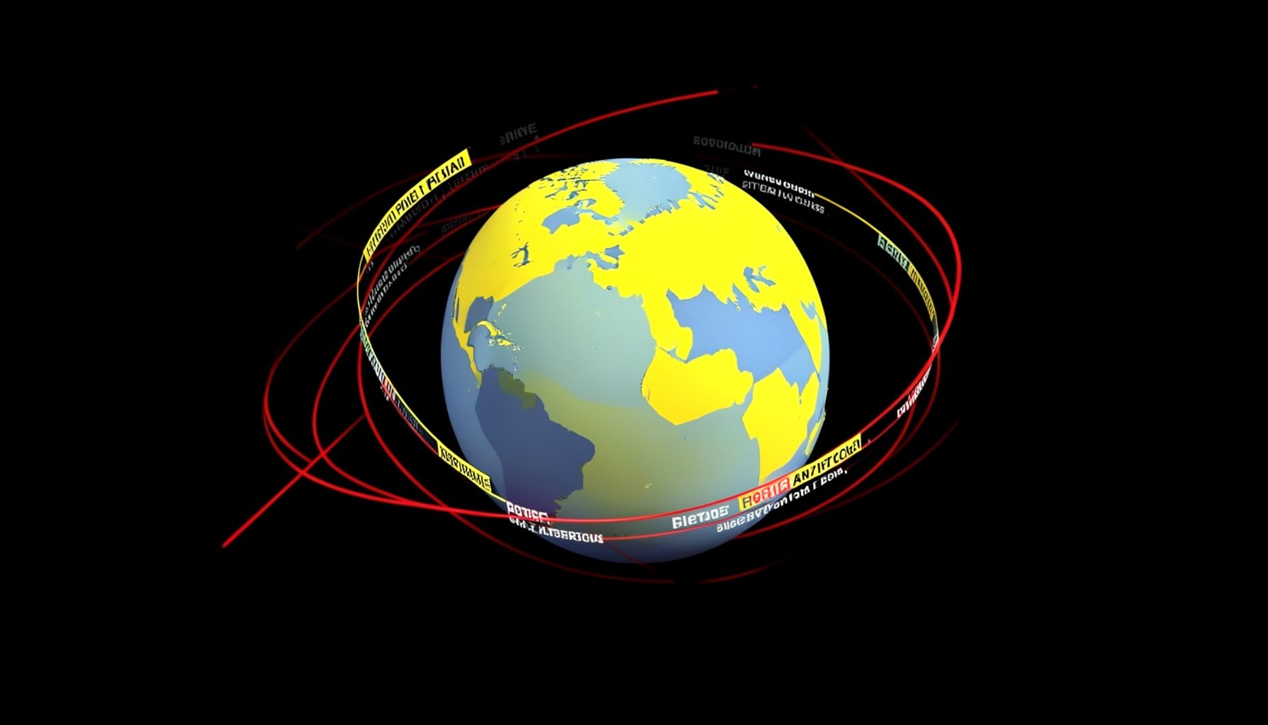Isometric 3D render of a globe with news headlines orbiting it, set against a black background with red streaks