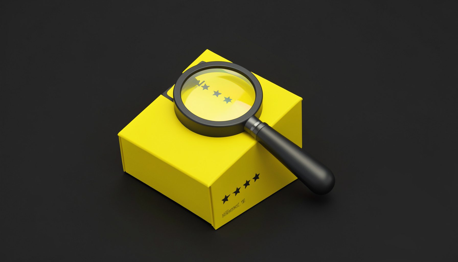 Isometric 3D render of a magnifying glass over a product box with a five-star rating, dark background with yellow highlights
