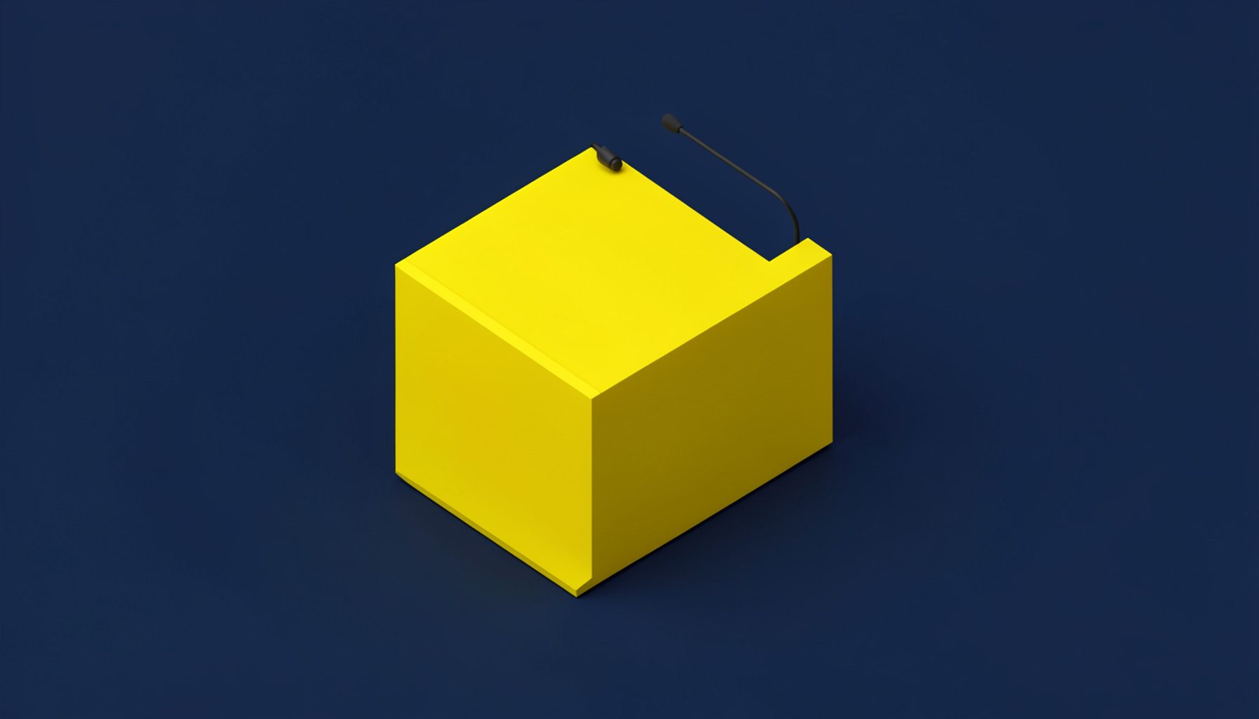 Isometric 3D render of a campaign podium with microphones against a dark blue backdrop