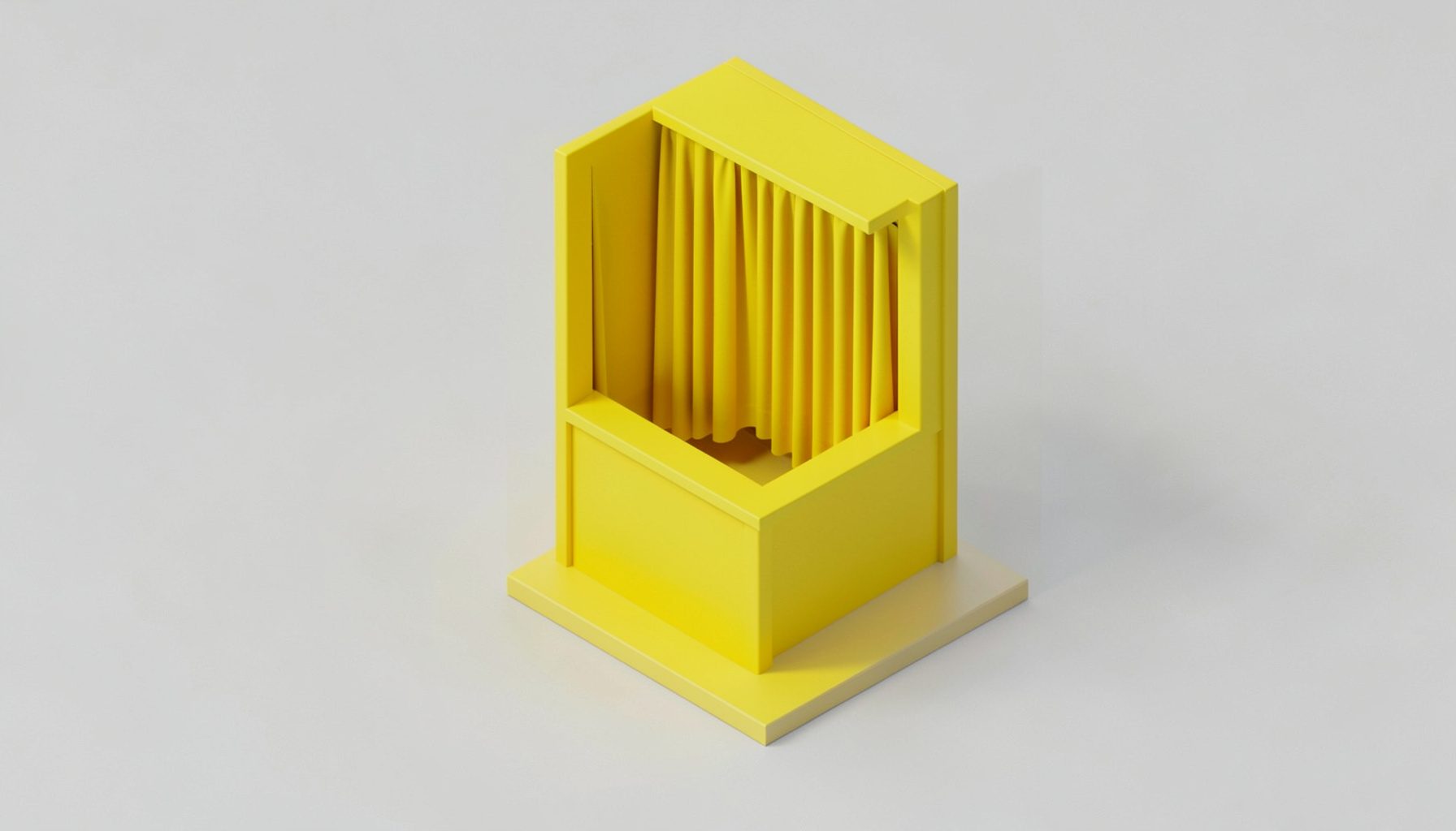 Isometric 3D render of a voting booth with a curtain in a civic hall, soft neutral lighting