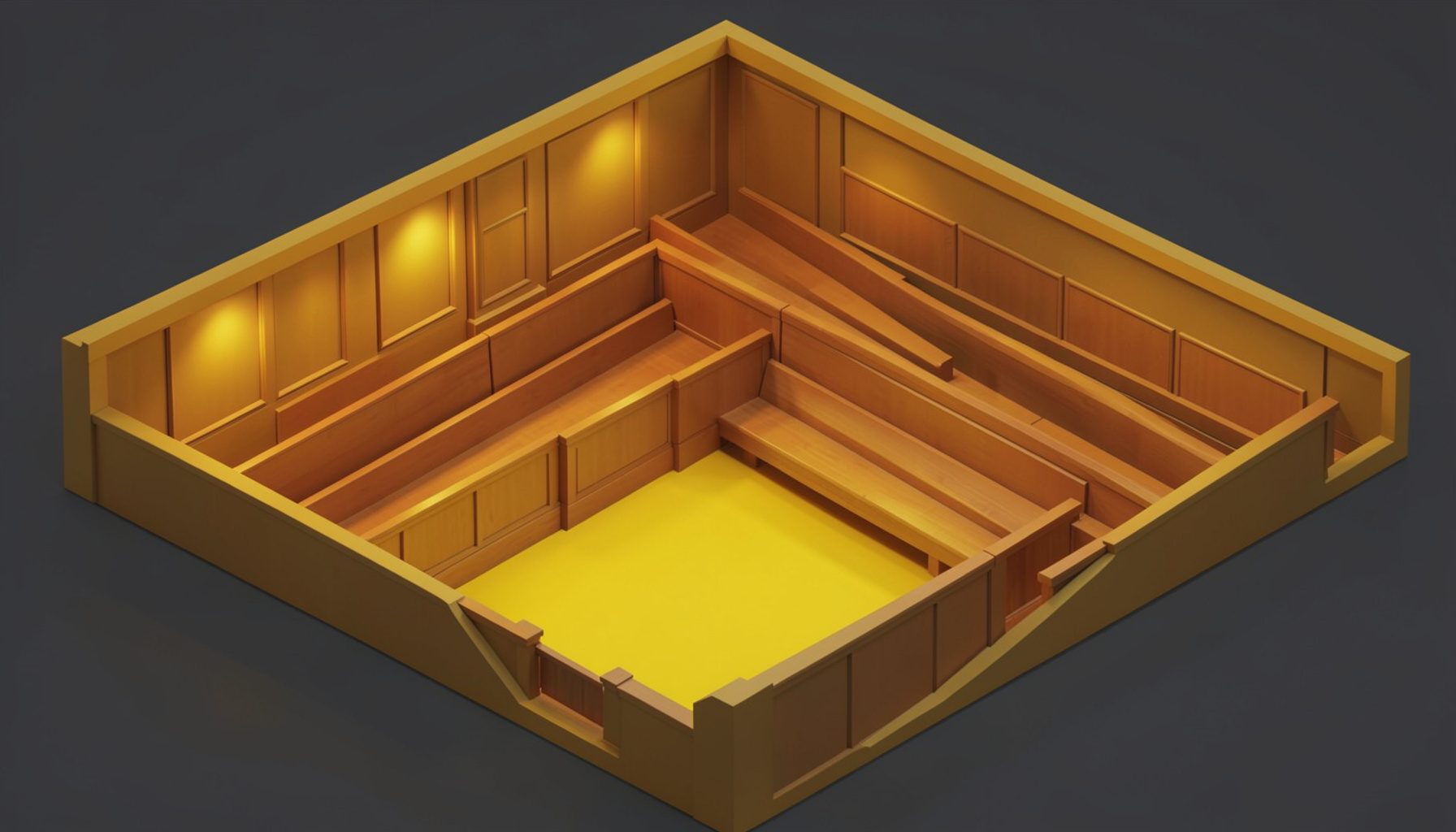 Isometric 3D render of a parliamentary chamber interior with wooden benches and warm amber lighting