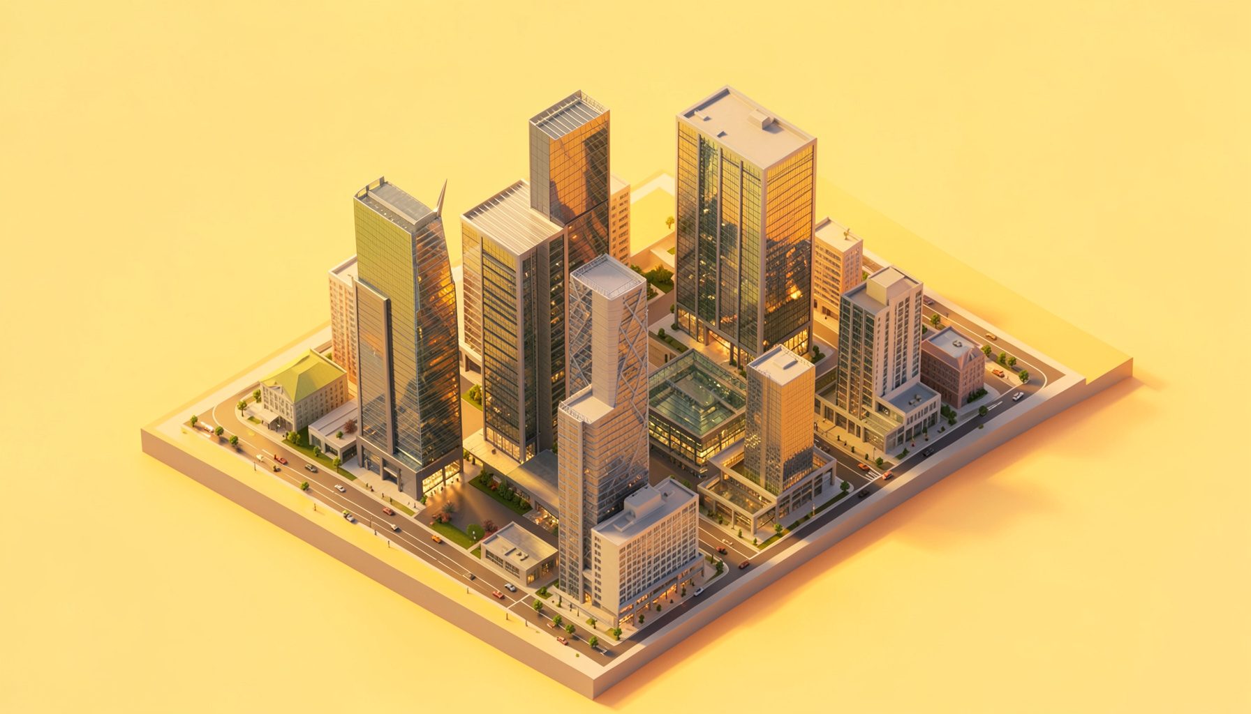 Isometric 3D render of a modern financial district skyline with glass towers and warm sunset reflections