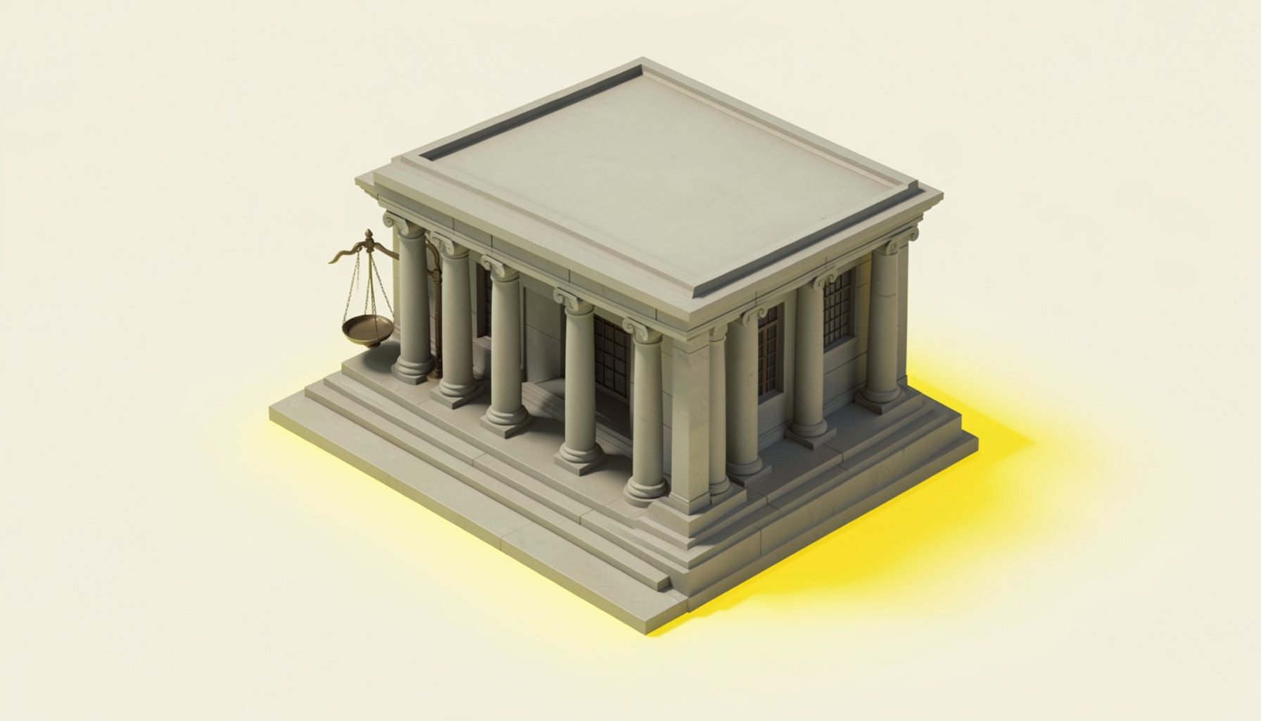 Isometric 3D render of a courthouse facade with columns and balanced scales, muted stone tones