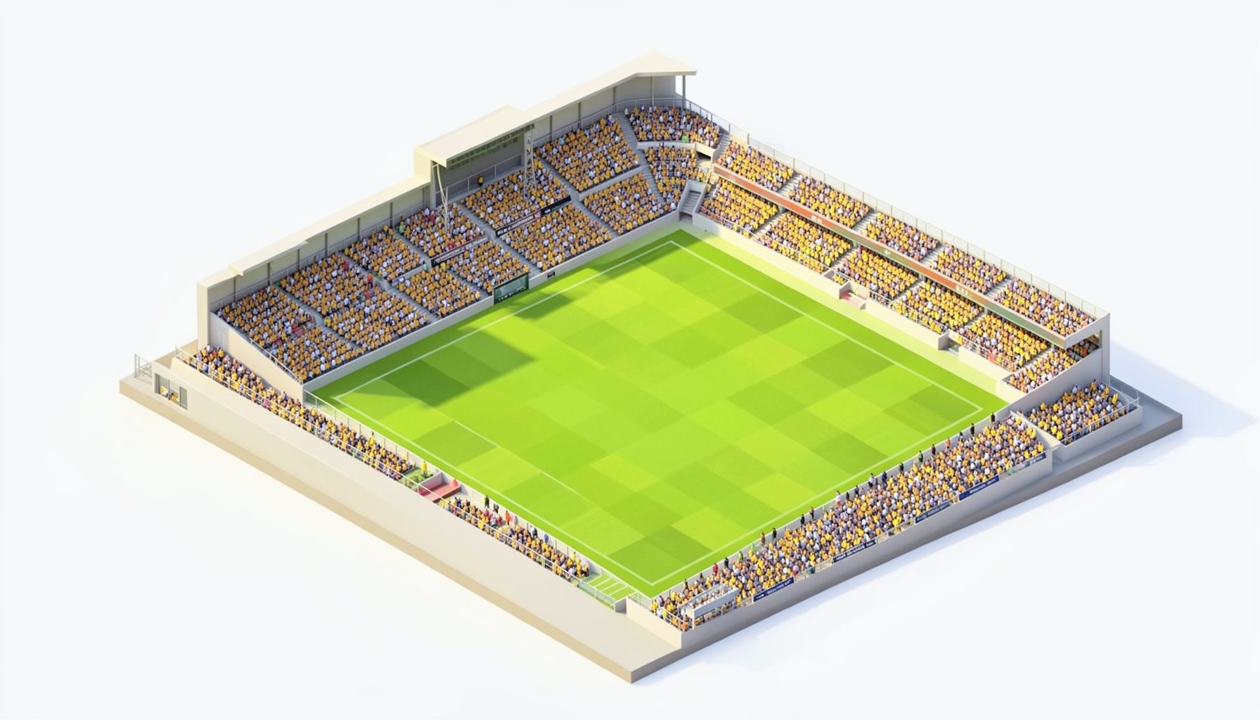 Isometric 3D render of a cricket stadium with green field and packed stands under bright daylight