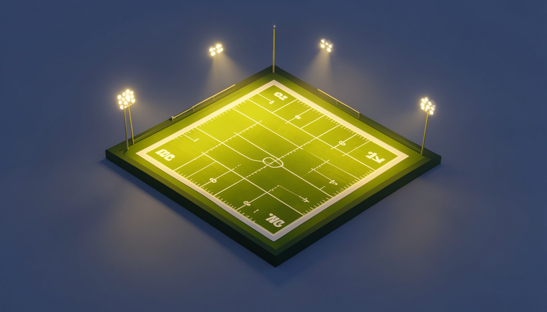 Isometric 3D render of an American football field with stadium lights illuminating the turf at dusk