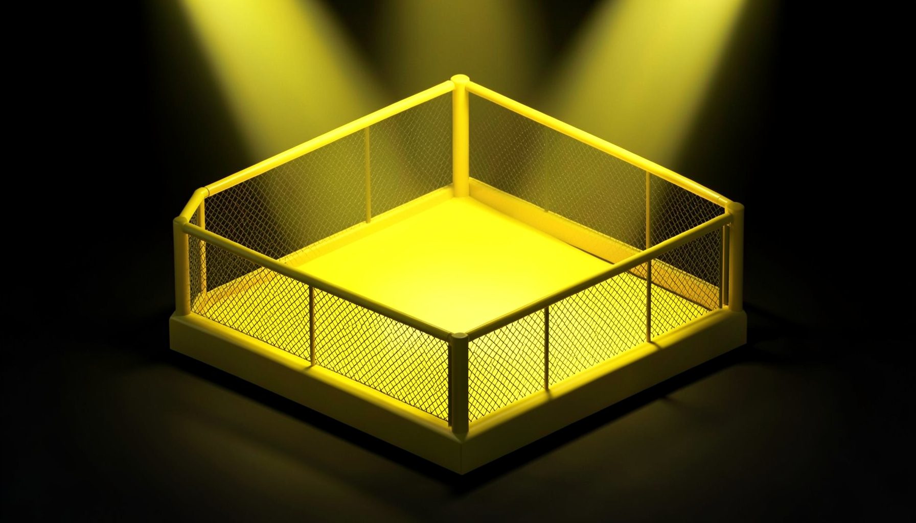 Isometric 3D render of a mixed martial arts octagon cage under dramatic spotlight beams