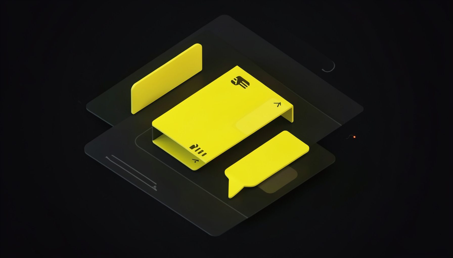 Isometric 3D render of a social media feed visualized as floating notification cards in a dark digital space