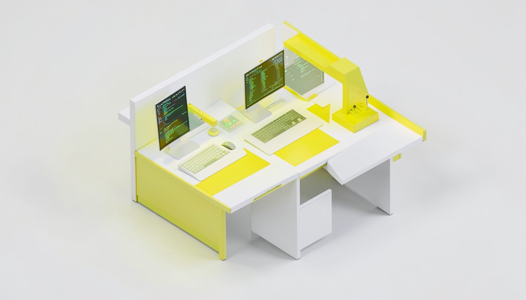 Isometric 3D render of a laboratory workstation with glowing data screens and clean white surfaces