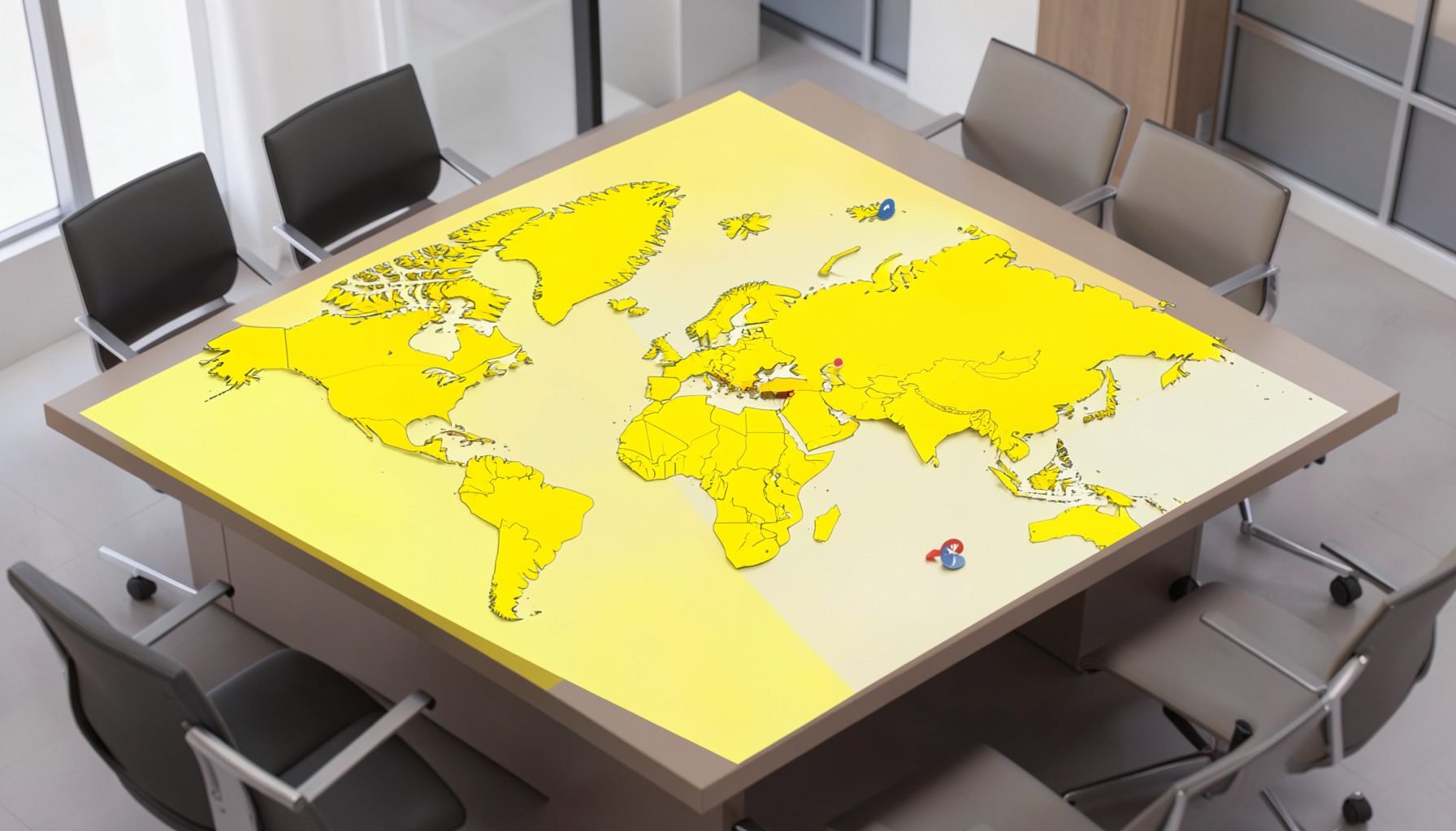 Isometric 3D render of a world map with highlighted regions and diplomatic markers in a conference room setting