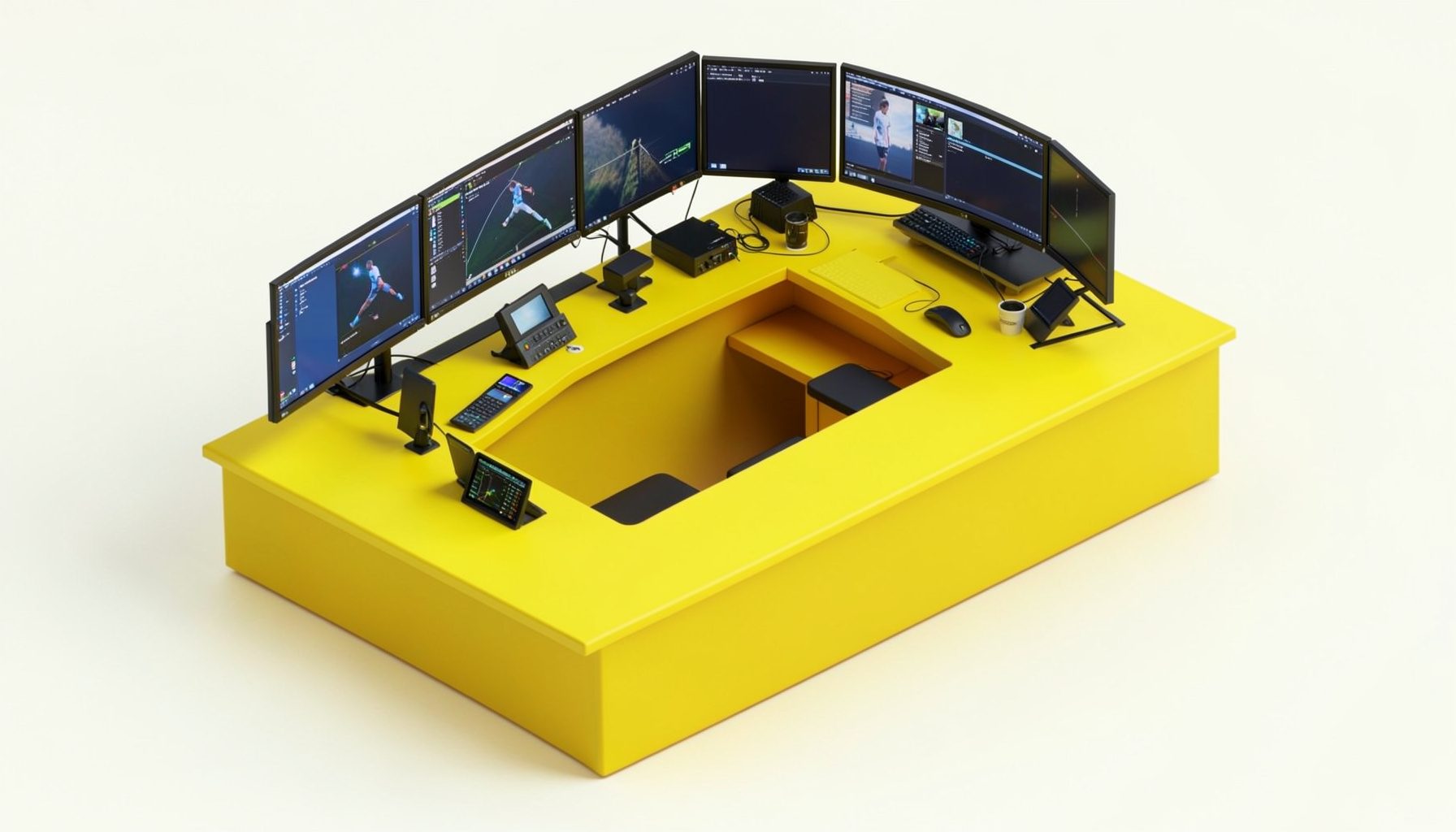 Isometric 3D render of a sports commentary desk with multiple monitors and broadcast equipment