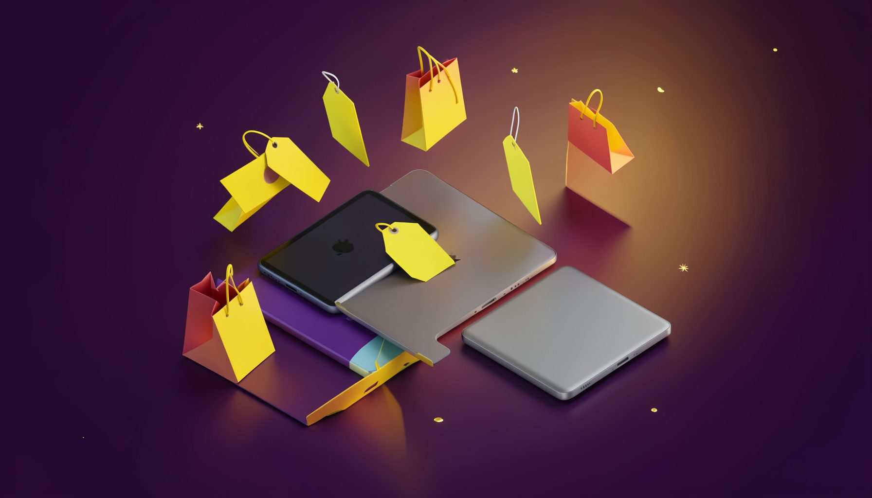Isometric 3D render of colorful sale tags and shopping bags floating around smartphones and laptops on a festive dark purple and gold gradient backdrop