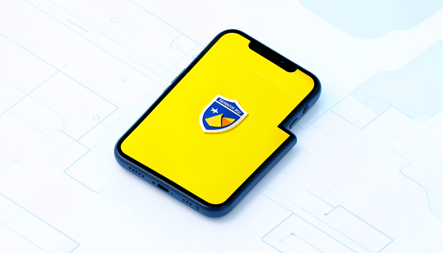 Isometric 3D render of a smartphone displaying a government portal interface with a shield icon, set against a clean white and blue tech-themed background