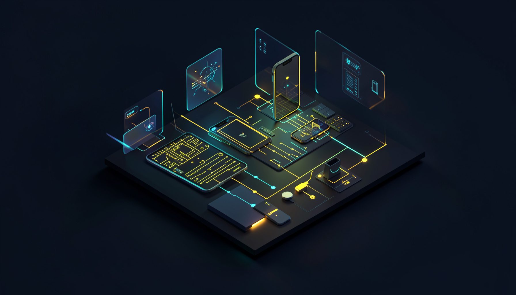 Isometric 3D render of a futuristic tech workspace with glowing circuit boards, floating smartphone holograms, and sleek gadget silhouettes against a dark navy backdrop with subtle neon cyan and amber accents