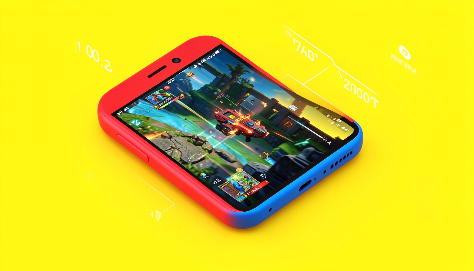 Isometric 3D render of a red and blue smartphone with a glowing high-refresh-rate display showing fast-moving game graphics, surrounded by floating frame-rate counters