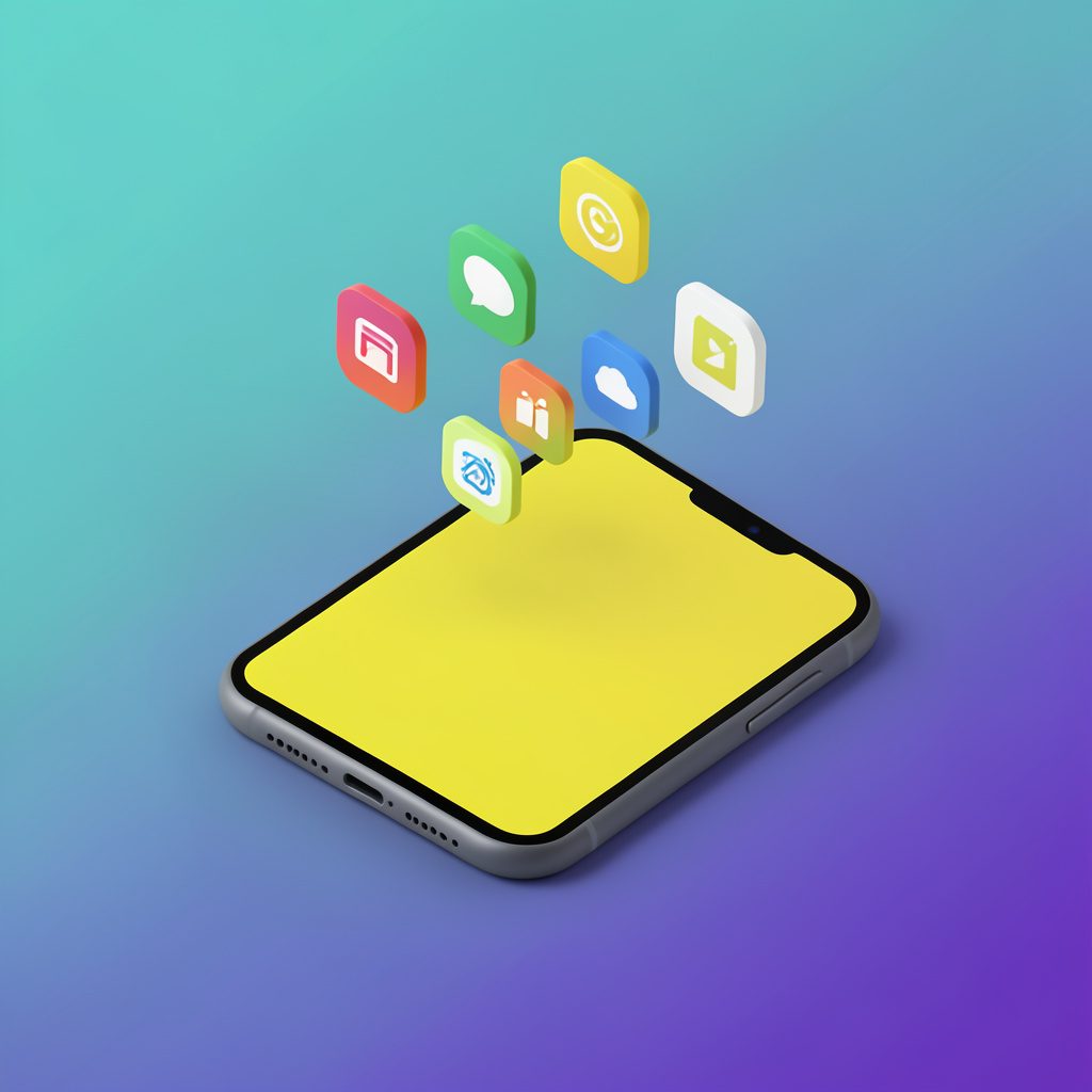 Isometric 3D render of a smartphone with app icons floating above it, set against a soft gradient background of teal and indigo