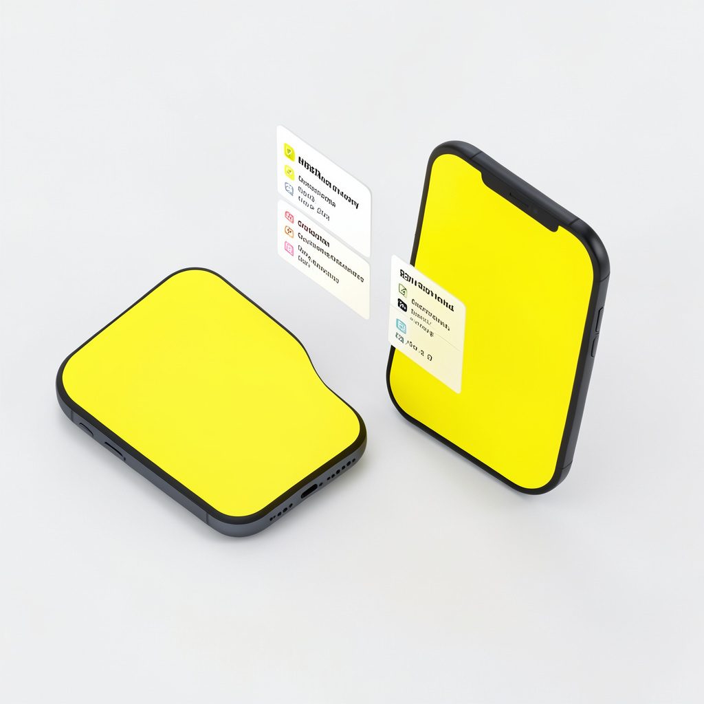 Isometric 3D render of two smartphones side by side with spec comparison charts floating between them, on a clean white and gray background