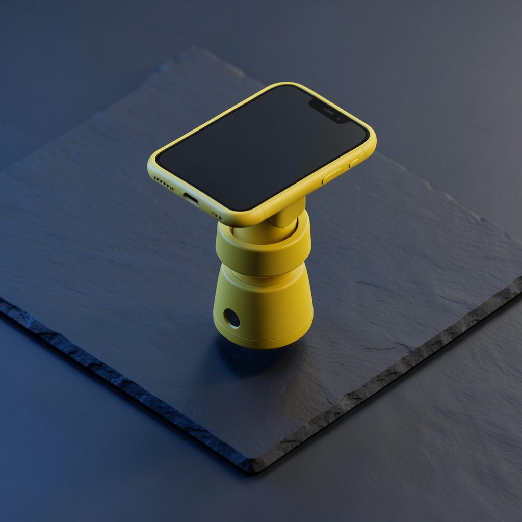 Isometric 3D render of a handheld gimbal stabilizer with a mounted smartphone, floating above a dark slate surface with subtle blue lighting