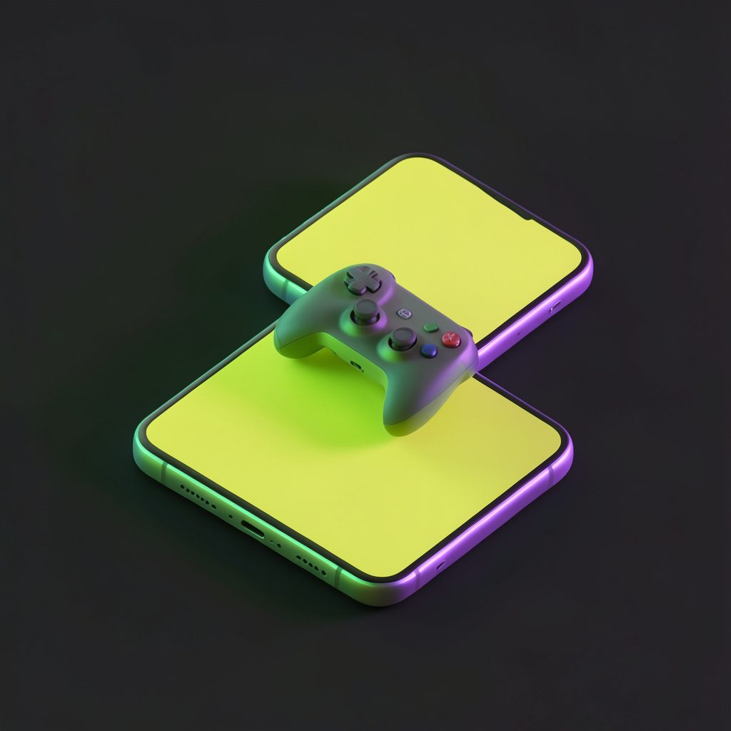 Isometric 3D render of a gaming controller attachment for a smartphone, with neon green and purple lighting accents on a dark background