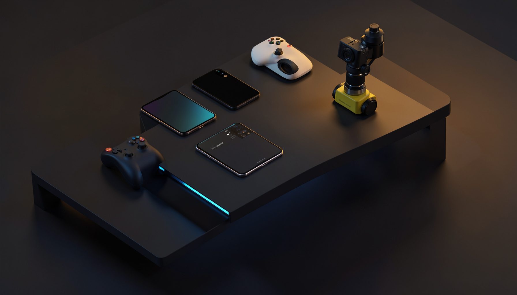 Isometric 3D render of a modern tech review desk with smartphones, gaming controllers, and camera gimbals arranged on a dark matte surface, accented by warm amber and cool blue lighting