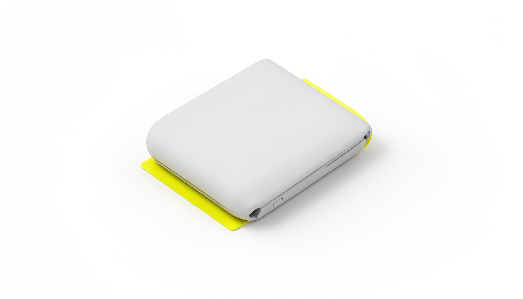 Isometric 3D render of a handheld smartphone gimbal stabilizer in light gray, folded compactly on a clean white studio backdrop