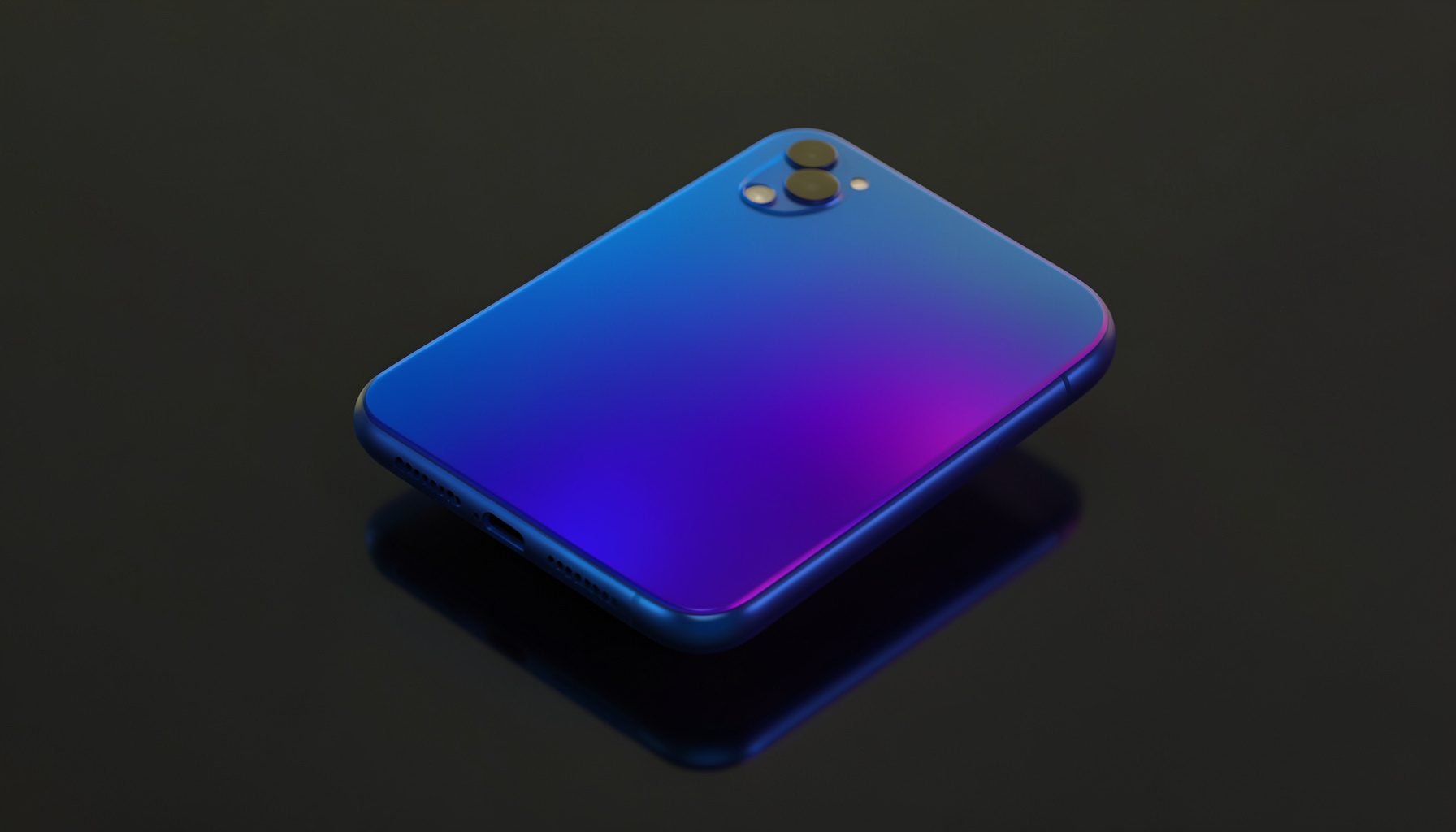 Isometric 3D render of a smartphone with a glossy gradient back panel in deep blue and purple tones, floating above a reflective dark surface