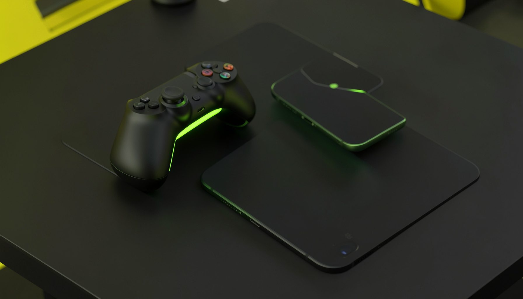 Isometric 3D render of a split dual-grip gaming controller in matte black with neon green accents, flanking a smartphone on a dark gaming desk