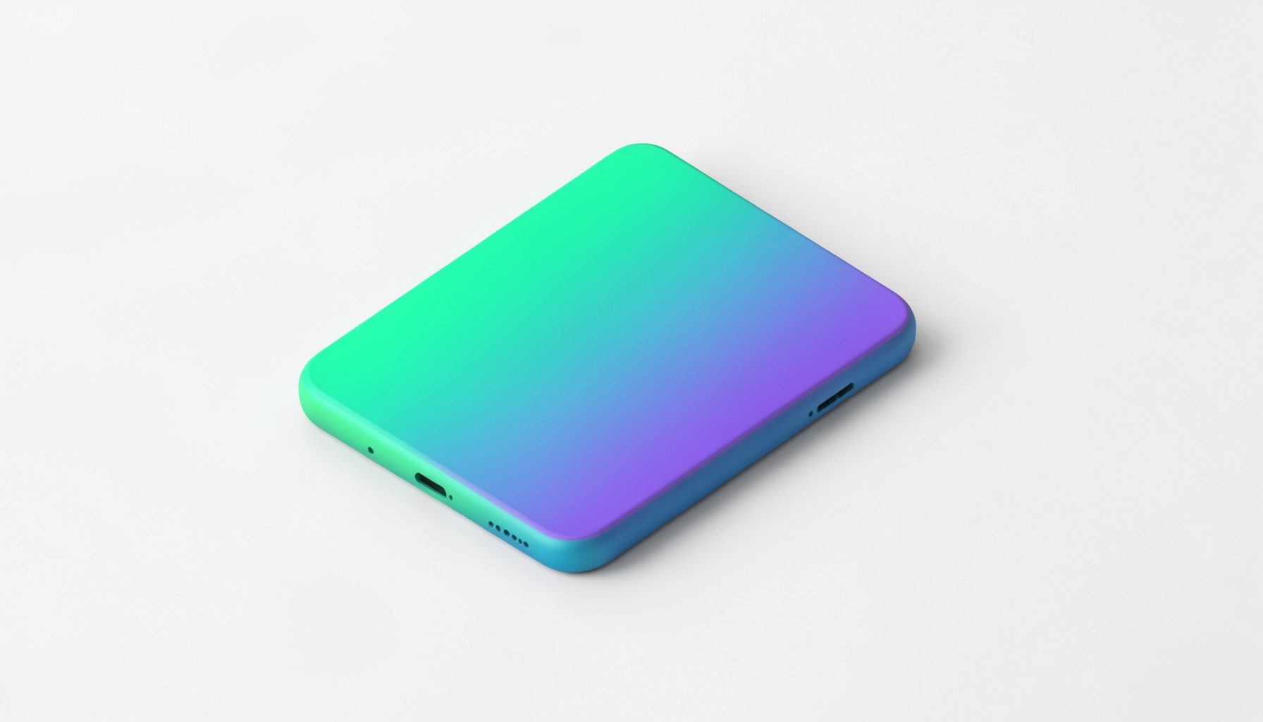 Isometric 3D render of a budget-friendly smartphone in gradient teal and purple, positioned at an angle on a soft white surface