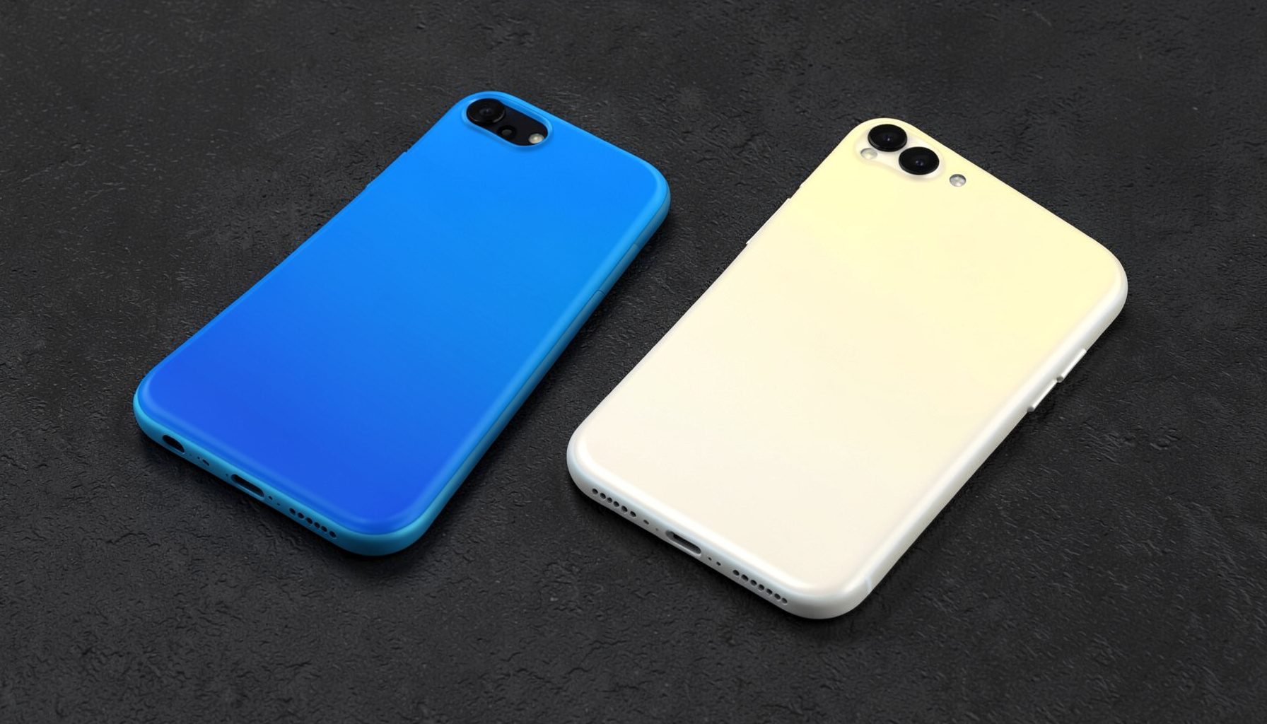 Isometric 3D render of two mid-range smartphones with gradient backs in blue and pearl white, resting on a textured dark surface