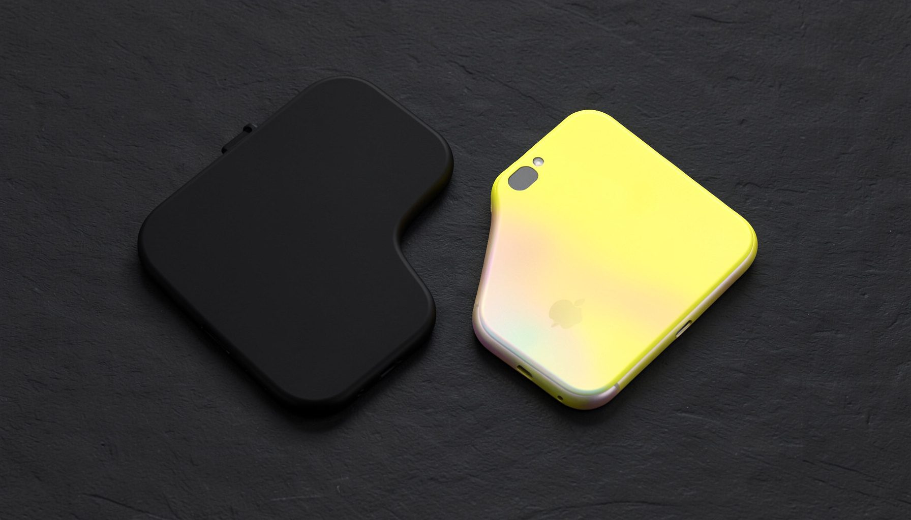 Isometric 3D render of two smartphones side by side on a dark slate surface, one in matte black and one in a pearlescent finish, with subtle reflections