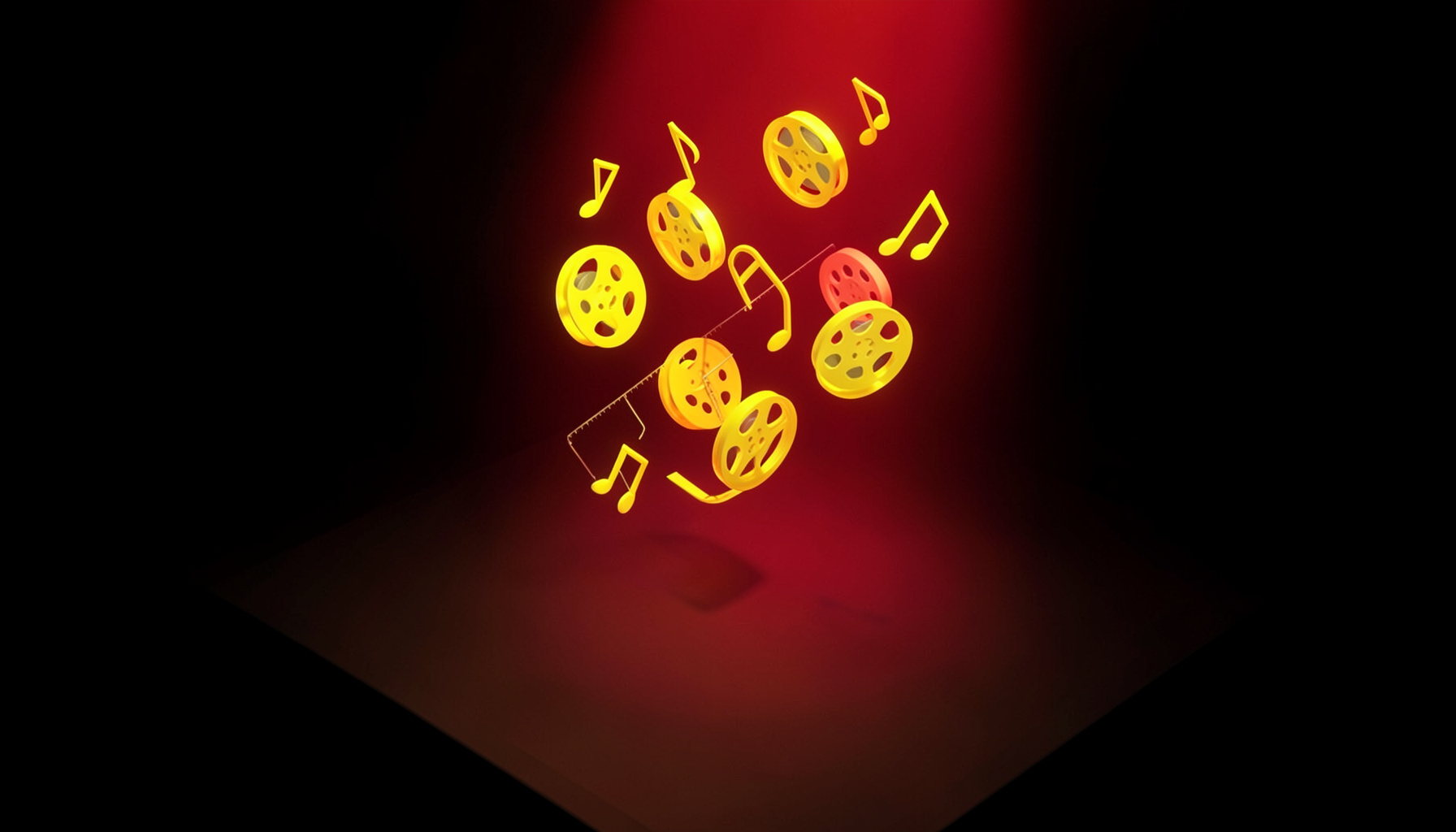 Isometric 3D render of film reels and music notes floating above a dark stage with dramatic red spotlight